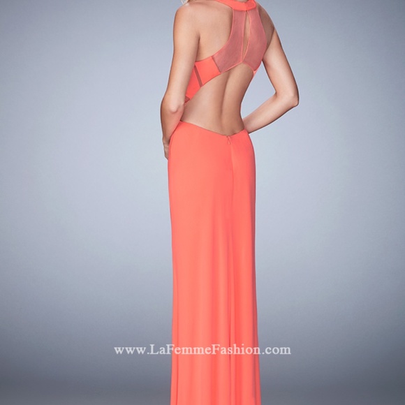 La Femme Geo Cut Prom Dress w/ Sheer Racer Back